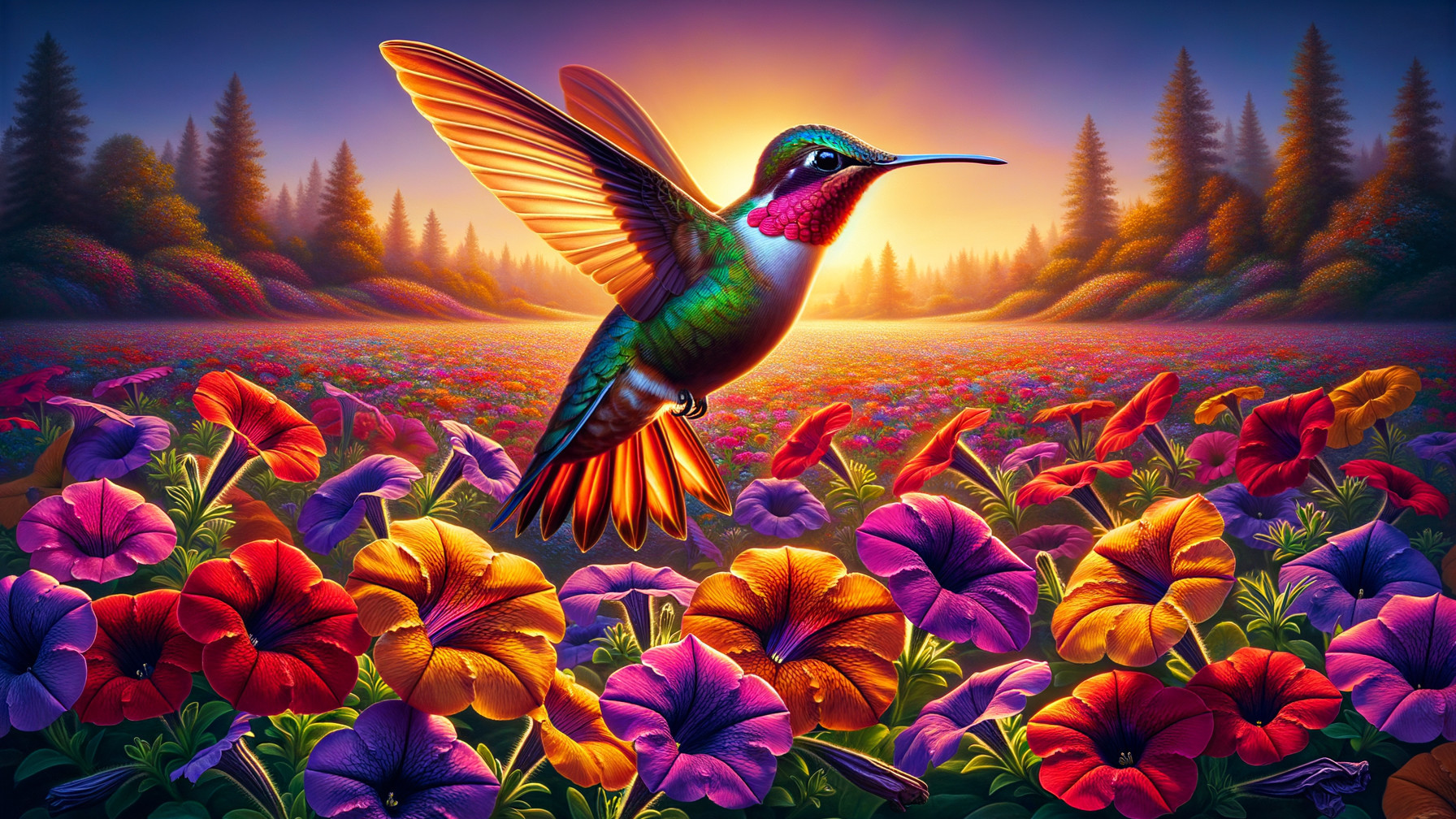 Hummingbird in Colorful Petunia Field at Sunrise