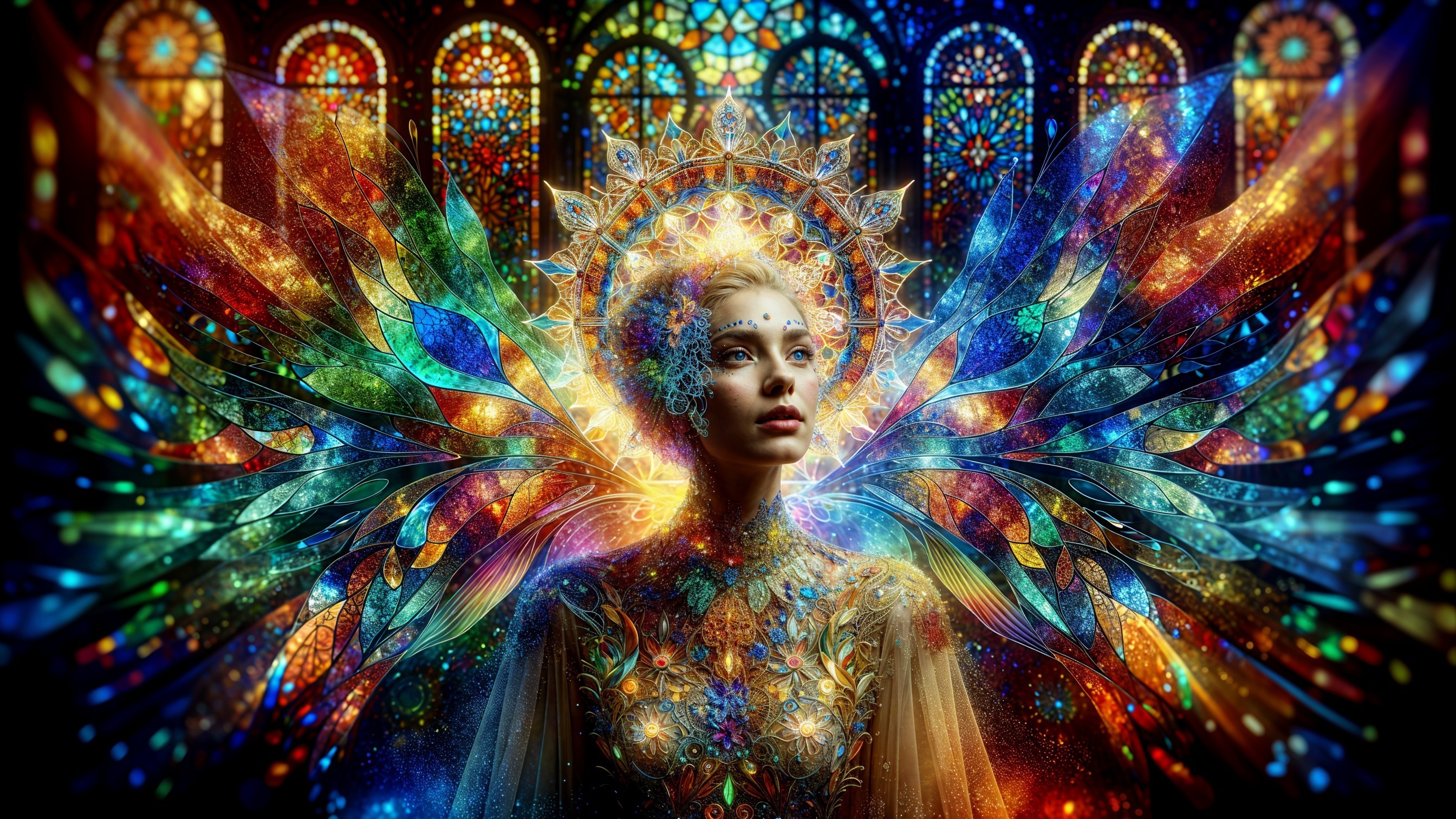 Ethereal figure with butterfly wings and stained glass