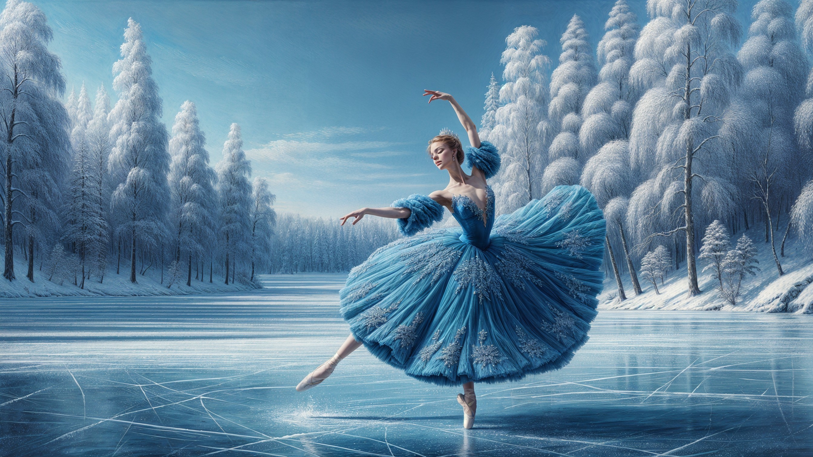 Ballerina on Frozen Lake in Winter Landscape