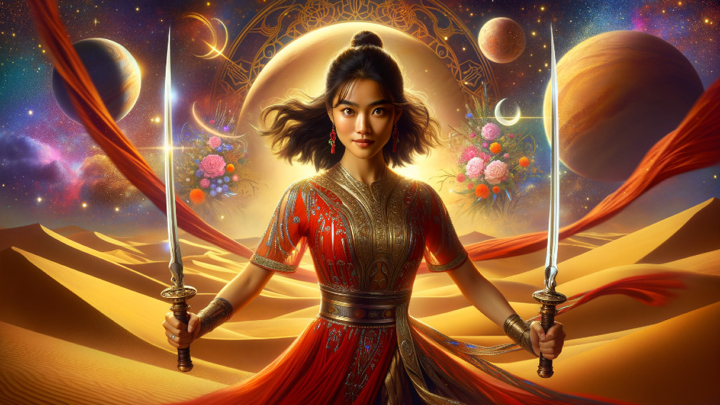 Fierce Warrior in Vibrant Desert with Cosmic Backdrop