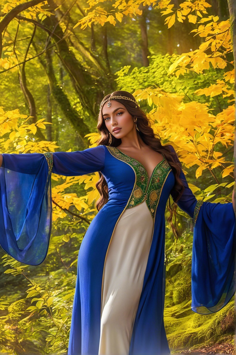 Woman in Elegant Gown Surrounded by Autumn Forest