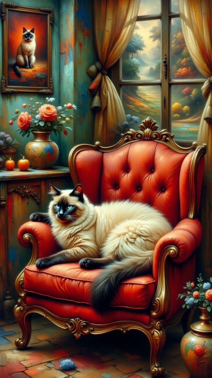 Fluffy White Cat on Red Velvet Armchair in Vintage Room