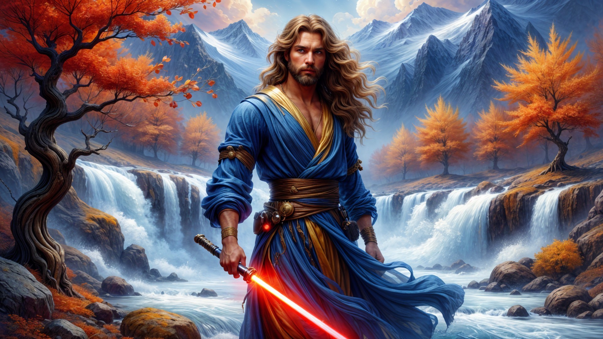 Majestic figure in autumn landscape with glowing sword