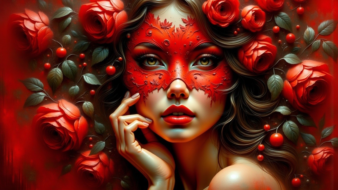 Portrait of a woman with a red floral mask