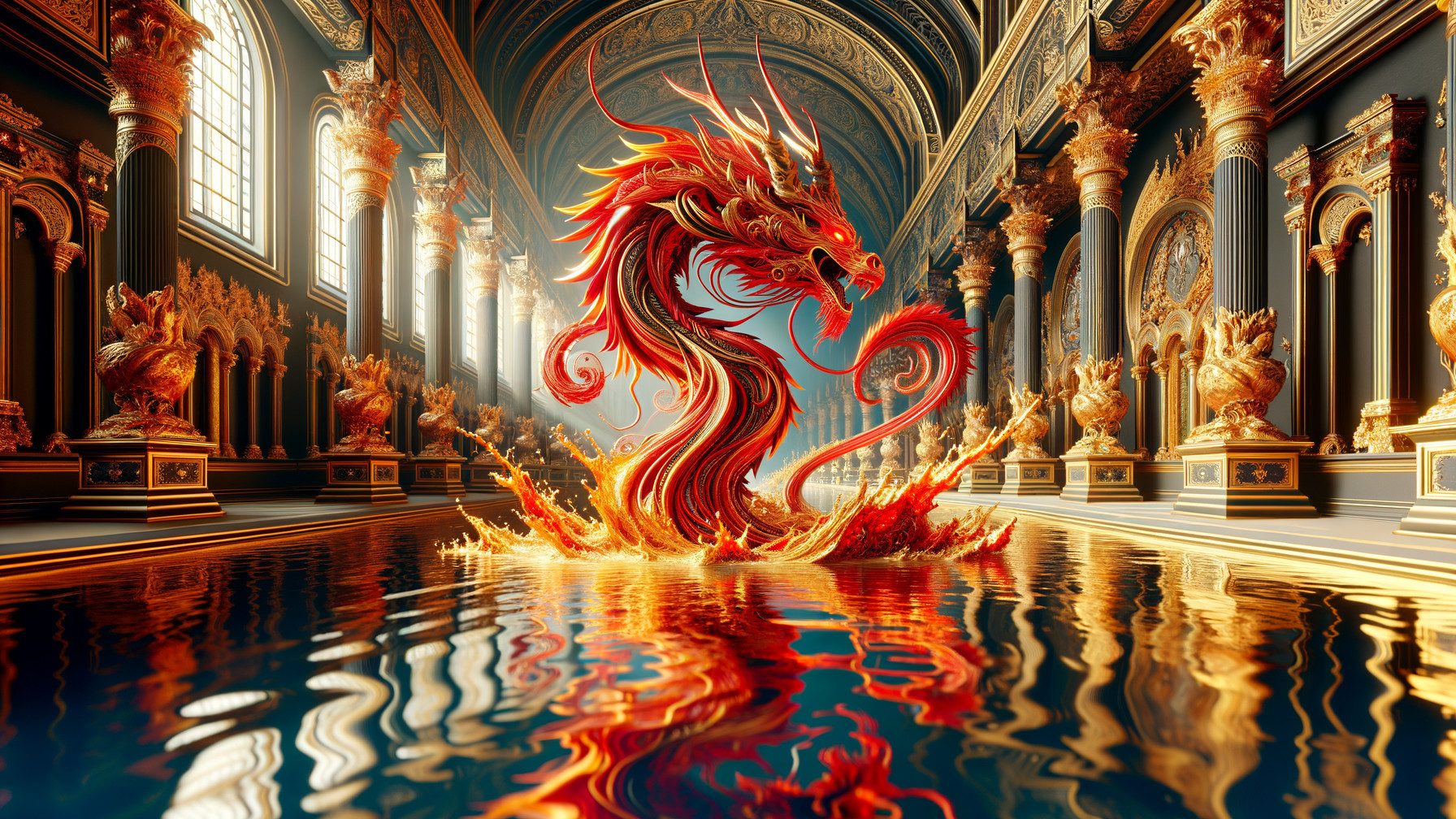 Red dragon in opulent hall with shimmering pool