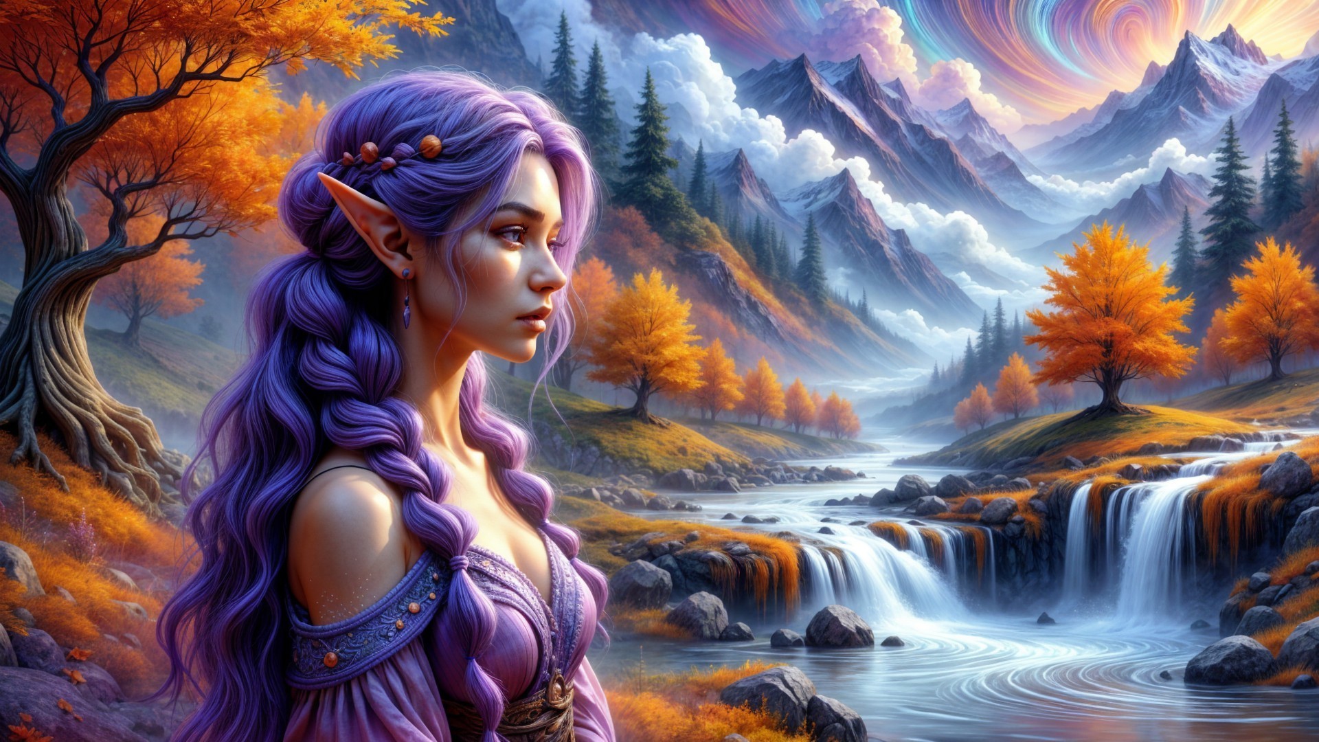 Mystical Landscape with Elf by Serene River and Waterfalls