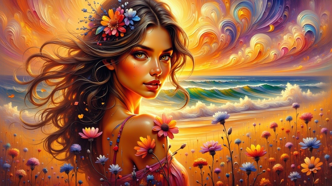 Surreal Scene of Woman with Flowers at Sunset