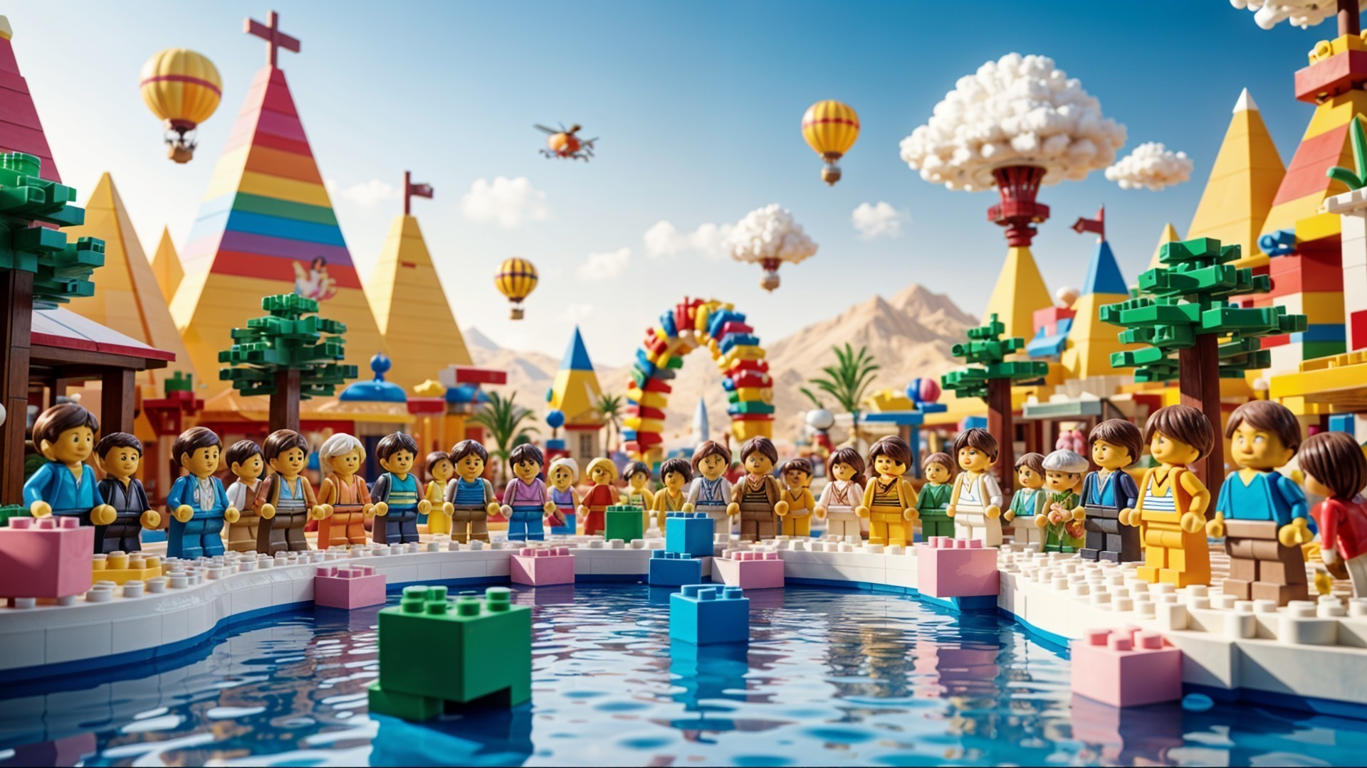 Vibrant LEGO Festival Scene with Colorful Tents and Pond