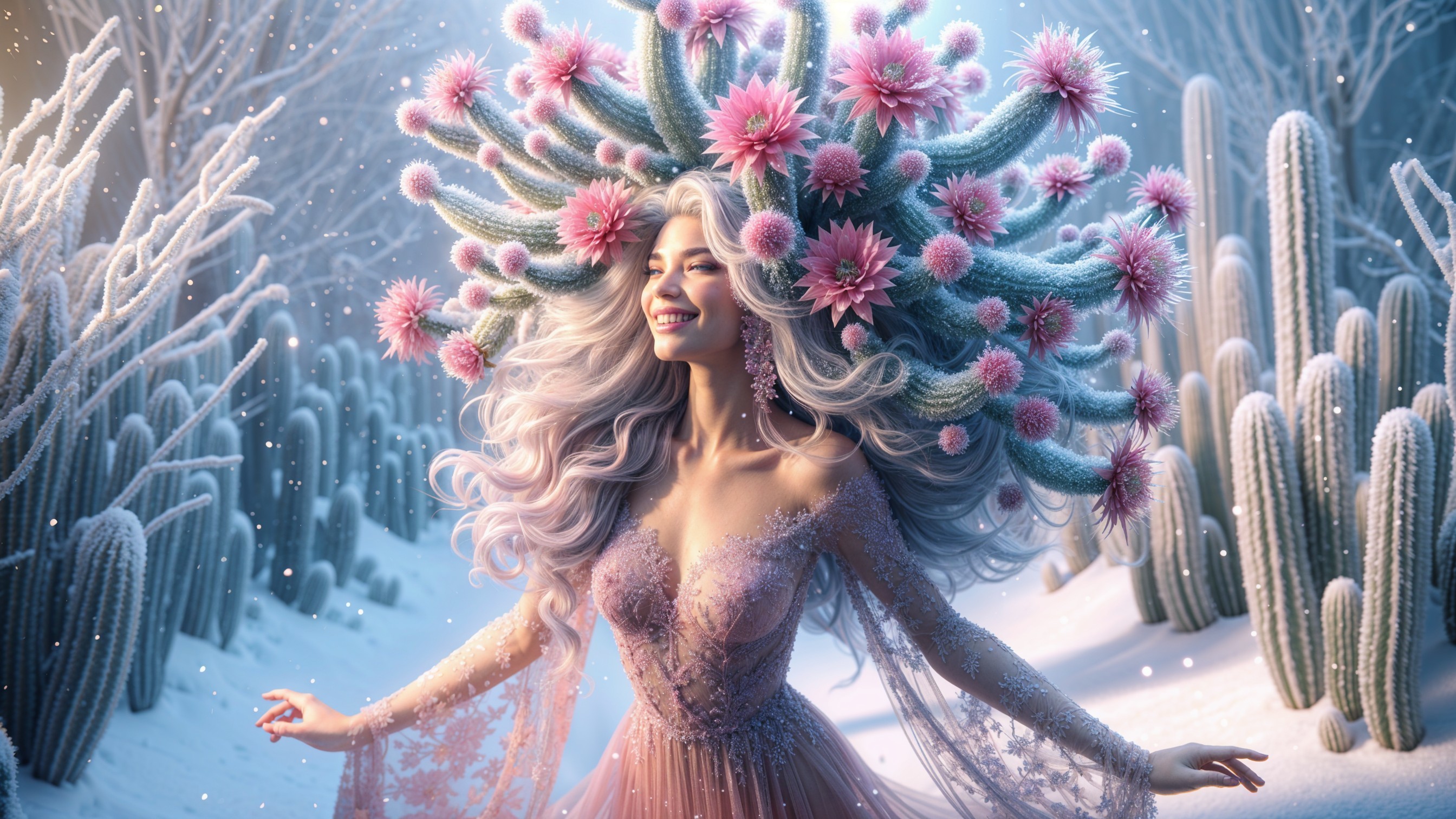 Whimsical Woman in Cactus-Inspired Hairstyle and Gown