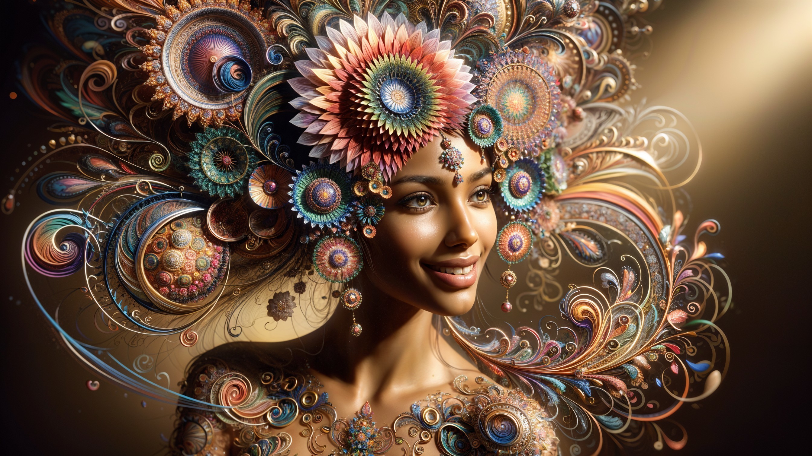 Woman with Colorful Floral Headdress and Radiant Smile