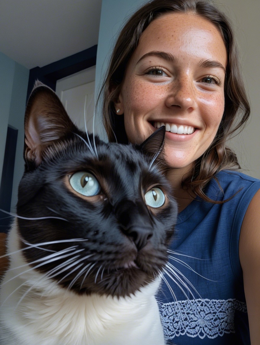 Young woman with cat in warm, colorful setting