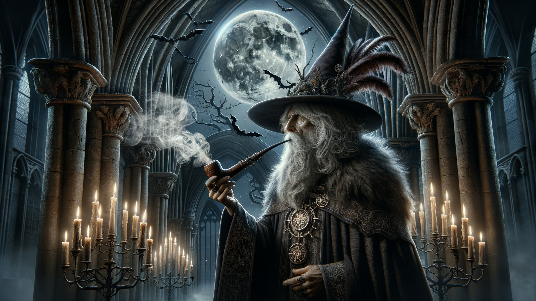Elderly Wizard in Gothic Cathedral with Candlelight