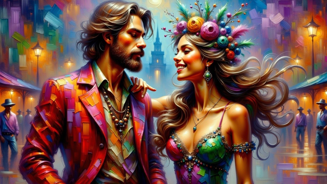 Stylish Couple in Colorful Romantic Street Scene