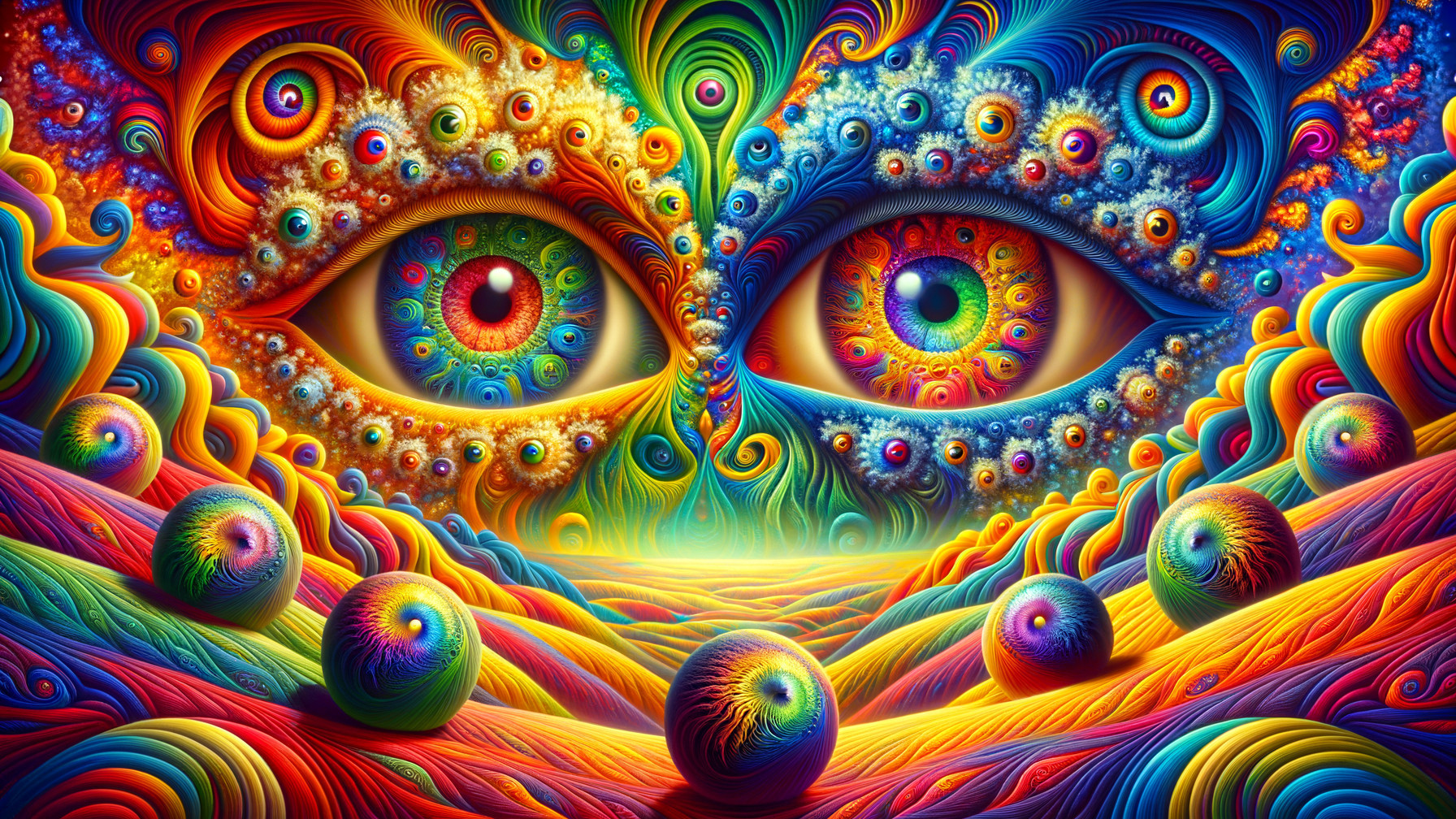 Vibrant Landscape with Intricate Patterns and Eyes