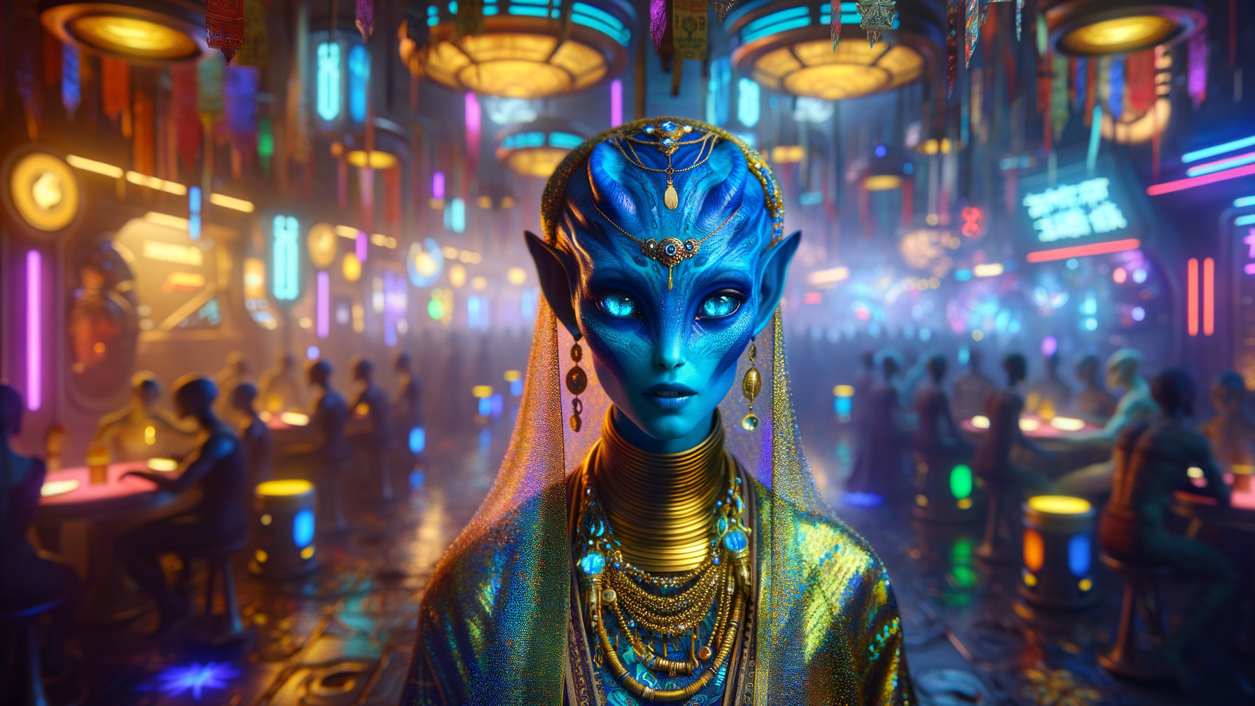 Futuristic Scene with Alien Figure and Neon Lights