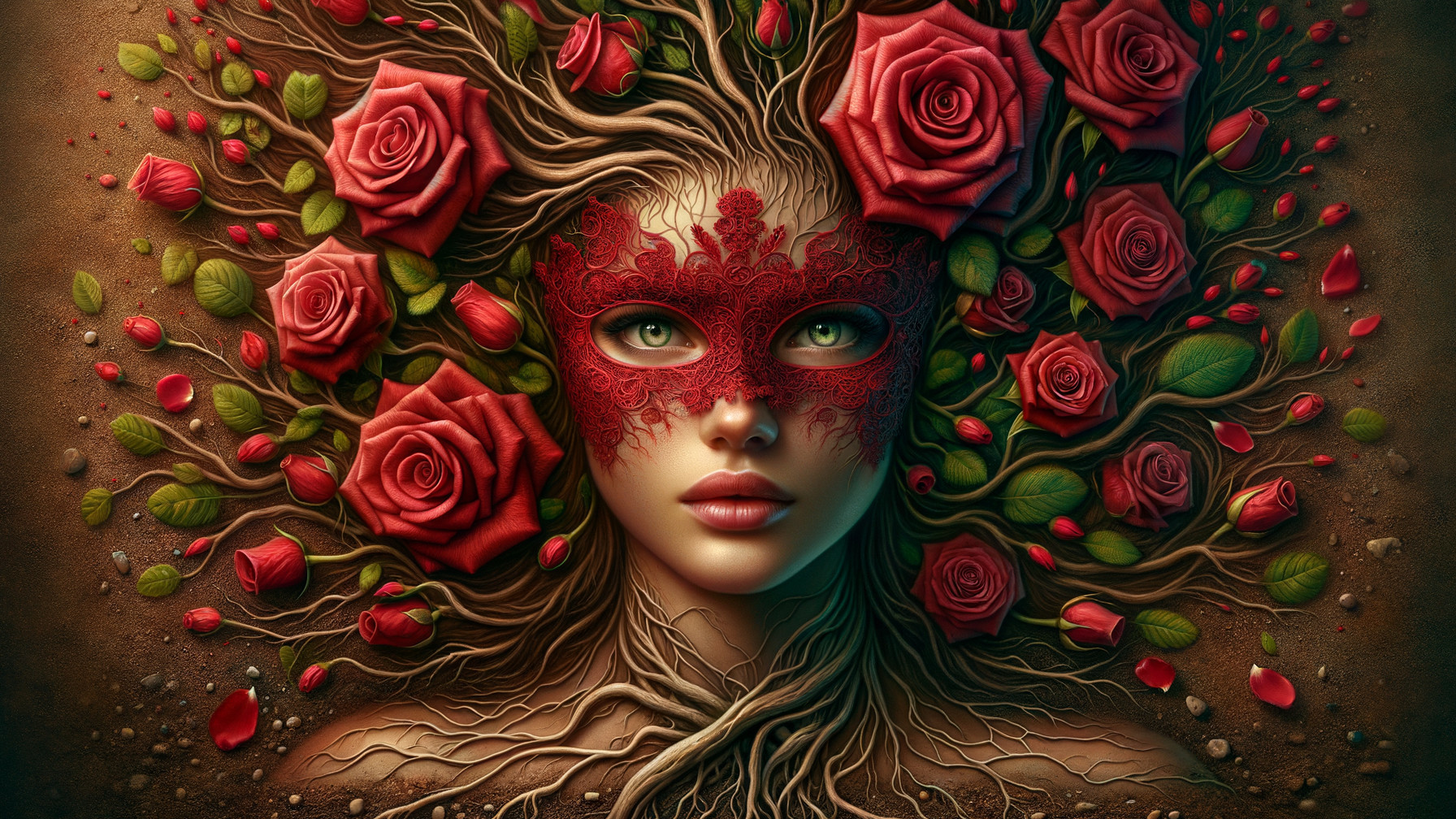 Tree-like figure with roots and red roses details
