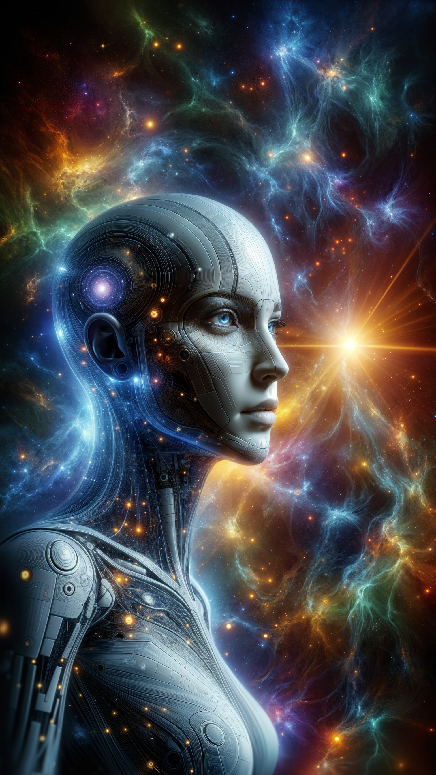Futuristic humanoid robot in cosmic galaxy backdrop