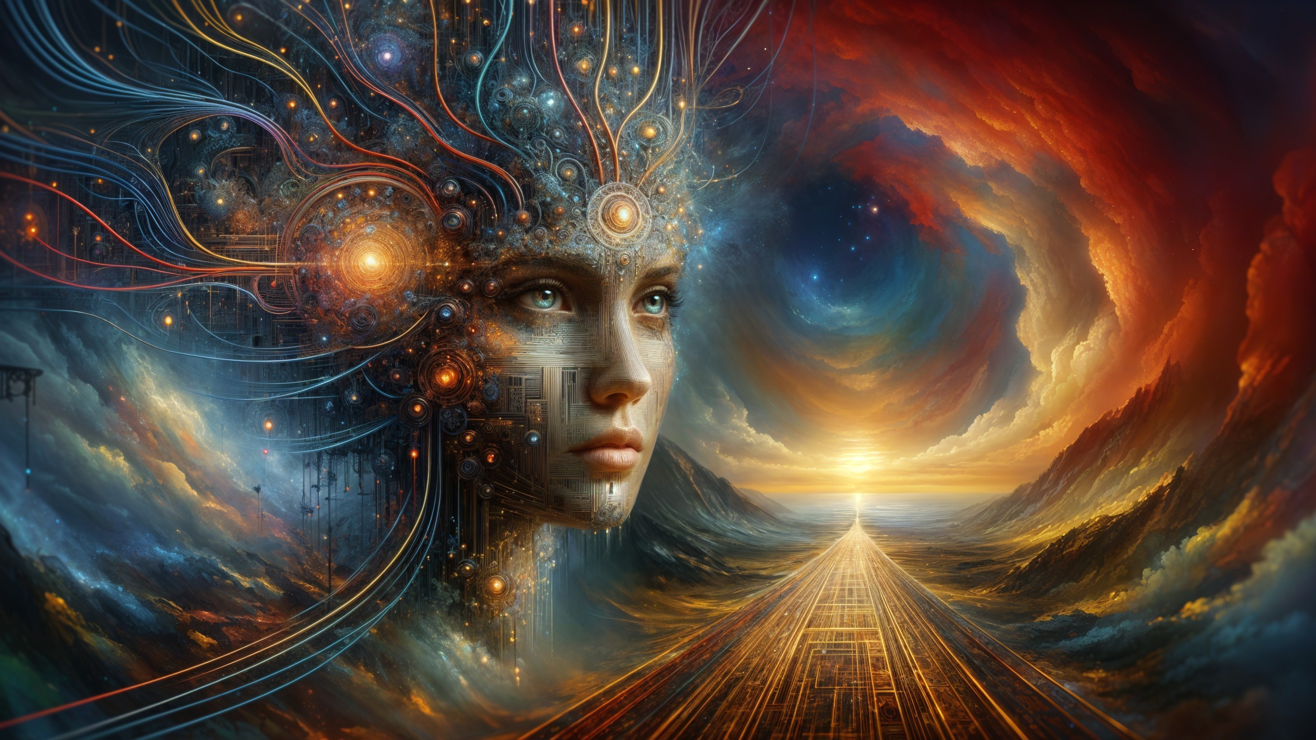 Surreal Landscape with Futuristic Female Face and Orbs