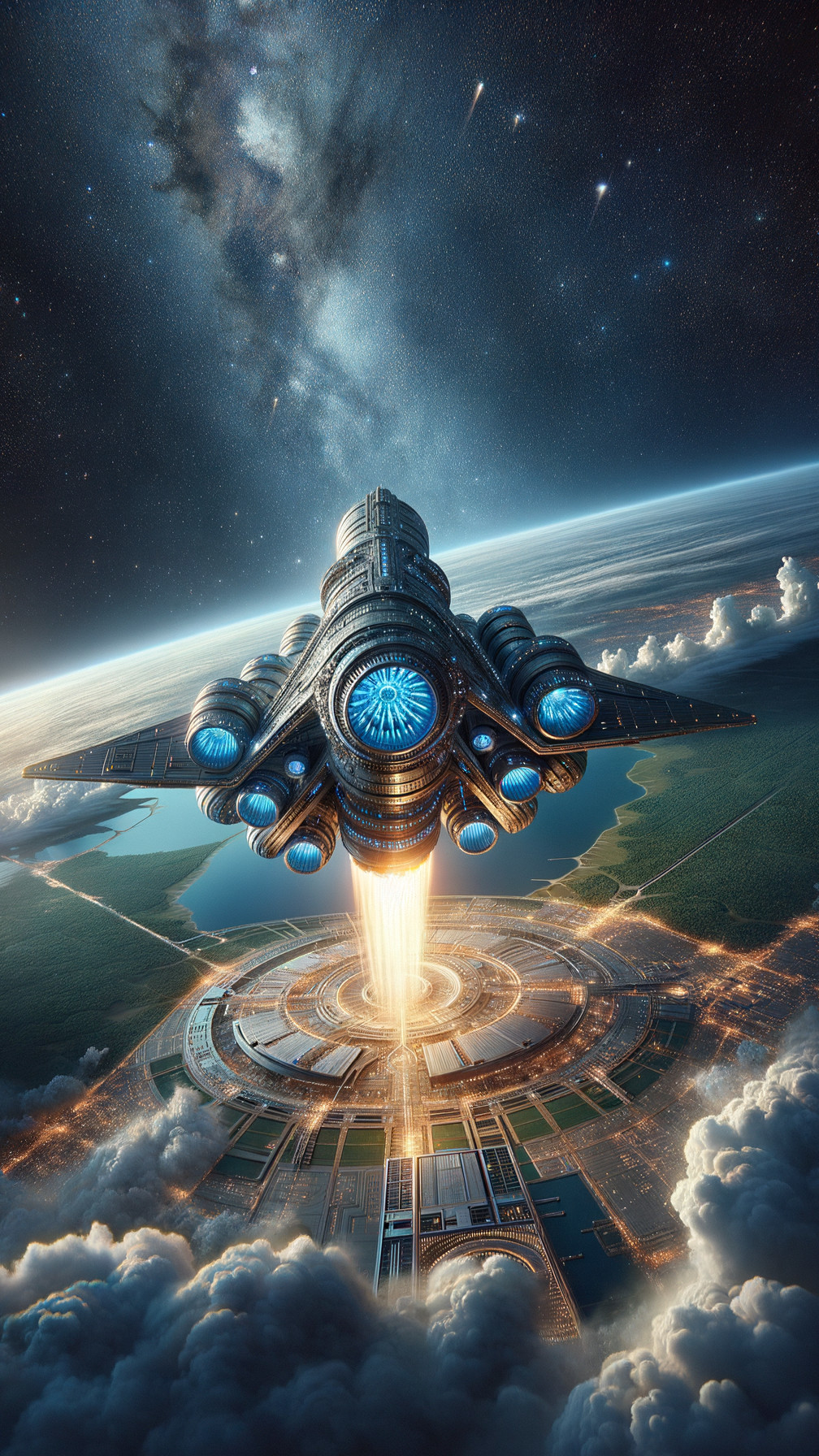 Futuristic spacecraft launching from circular space station