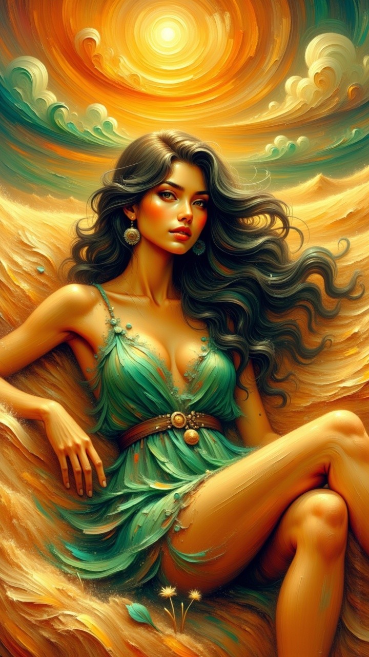 Woman in Emerald Dress Against Vibrant Sunset Background