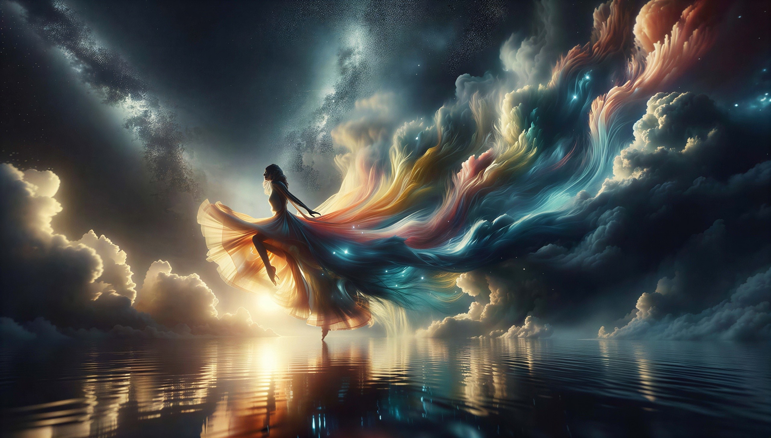 Mythical Goddess Figure Above Shimmering Water at Twilight