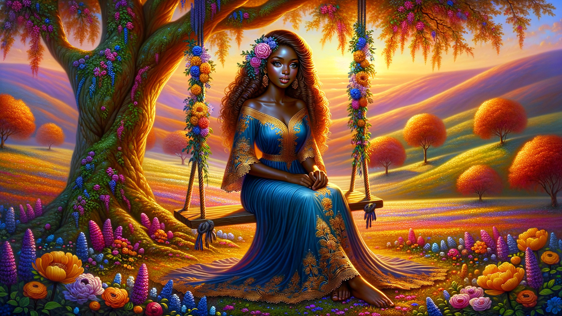 Serene Sunset Landscape with Floral Elements and Swing
