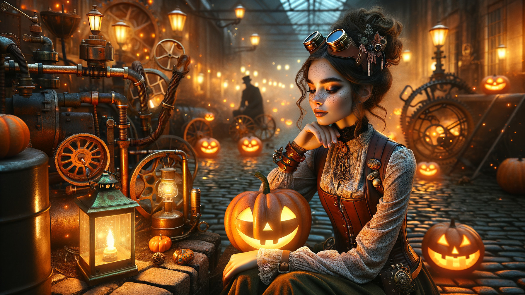 Steampunk Woman in Halloween Setting with Pumpkins