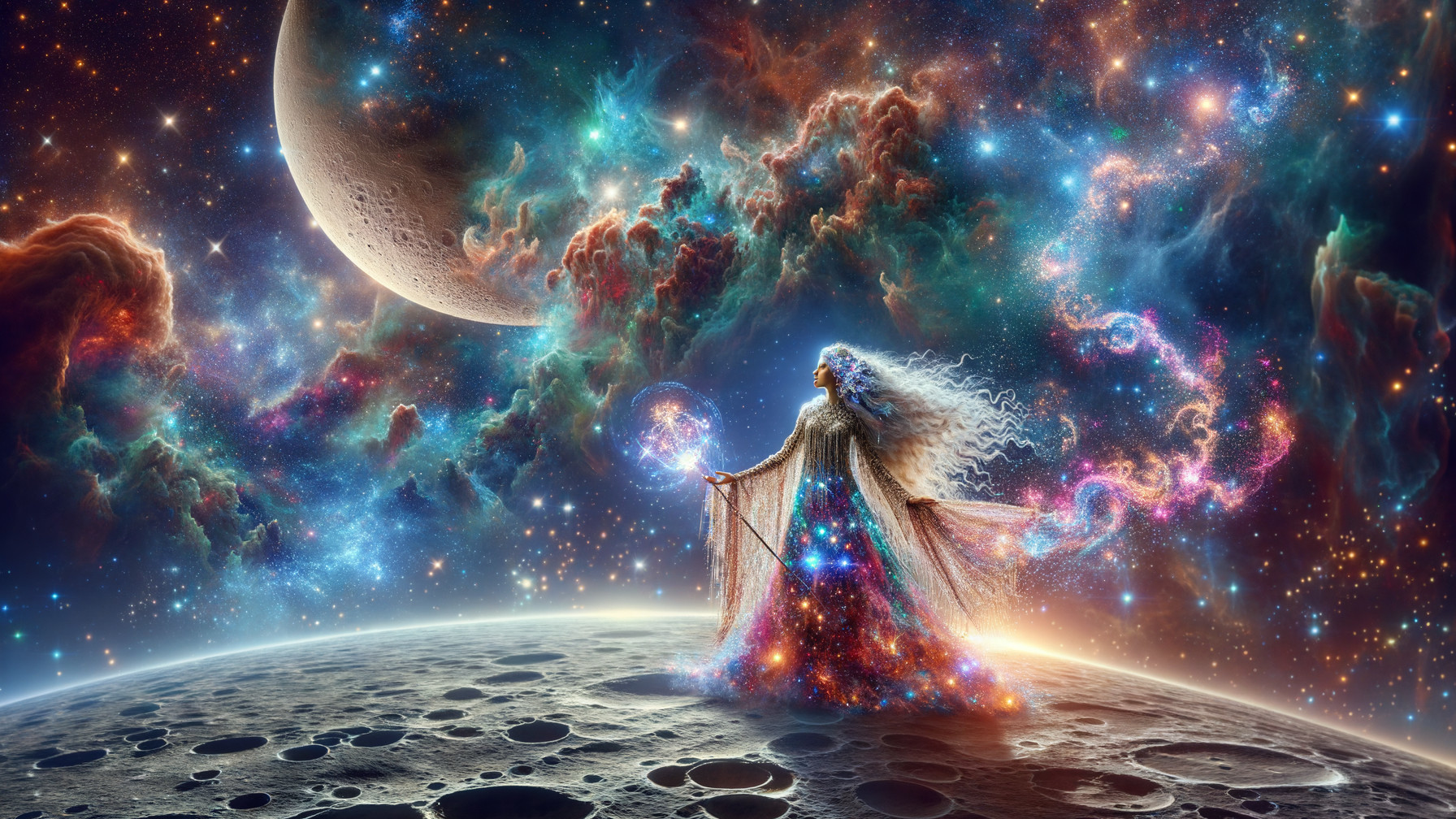 Celestial Figure on Lunar Surface with Cosmic Background