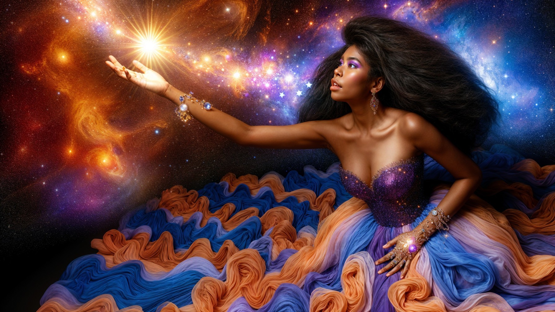 Cosmic Figure in Elegant Gown Against Vibrant Galaxy