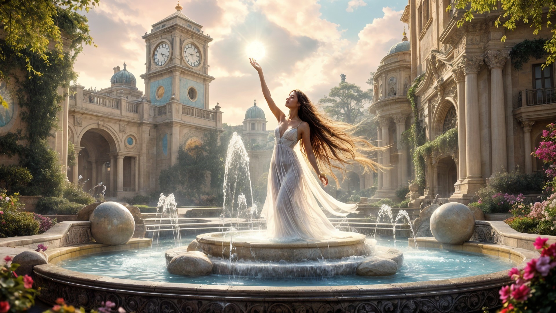 Woman in White Dress in Serene Fountain Setting