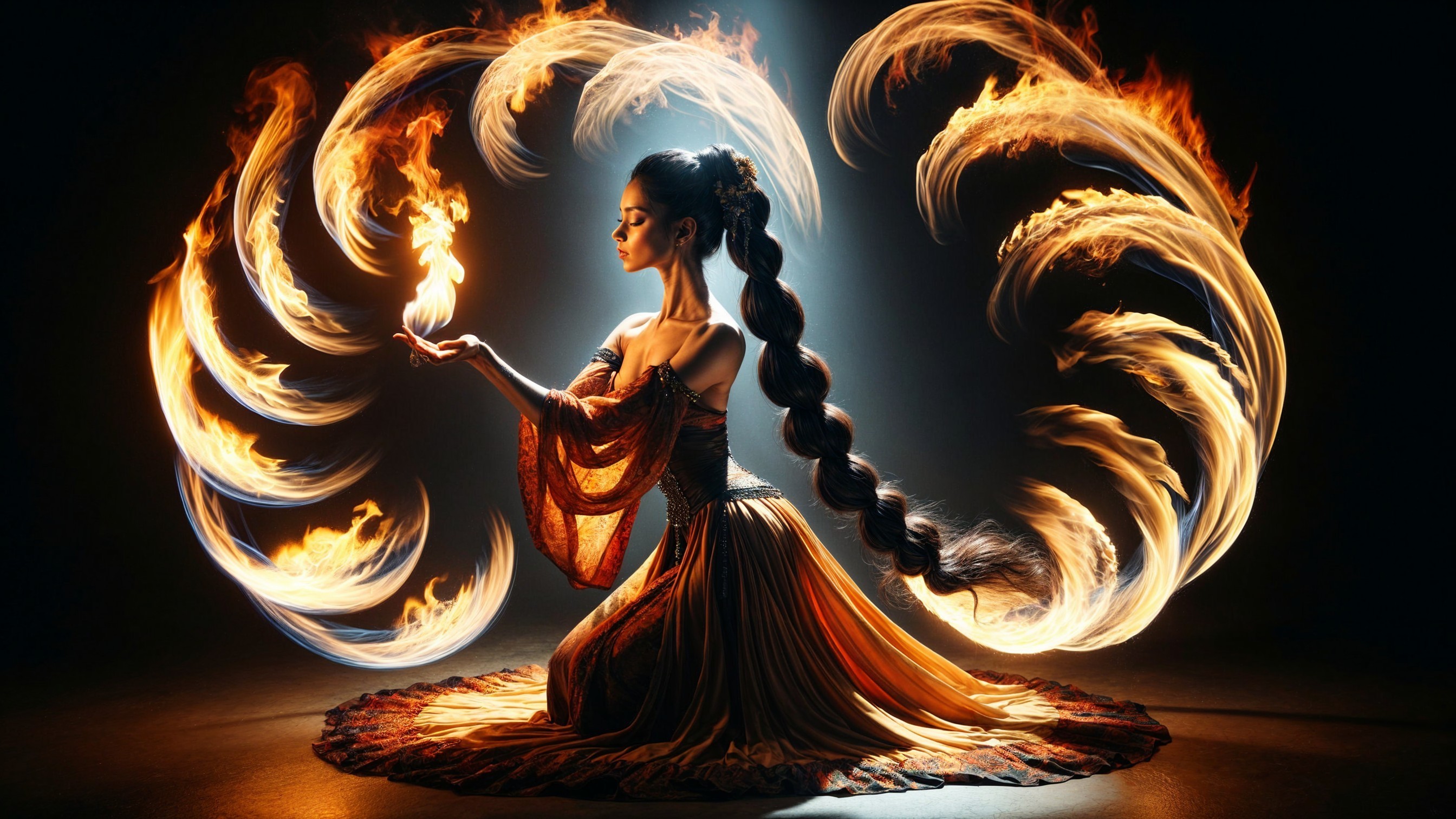 Kneeling Figure Surrounded by Dynamic Flames and Light