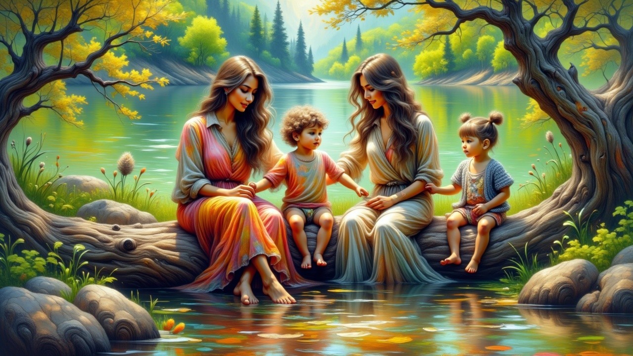 Lakeside Scene with Women and Children in Nature