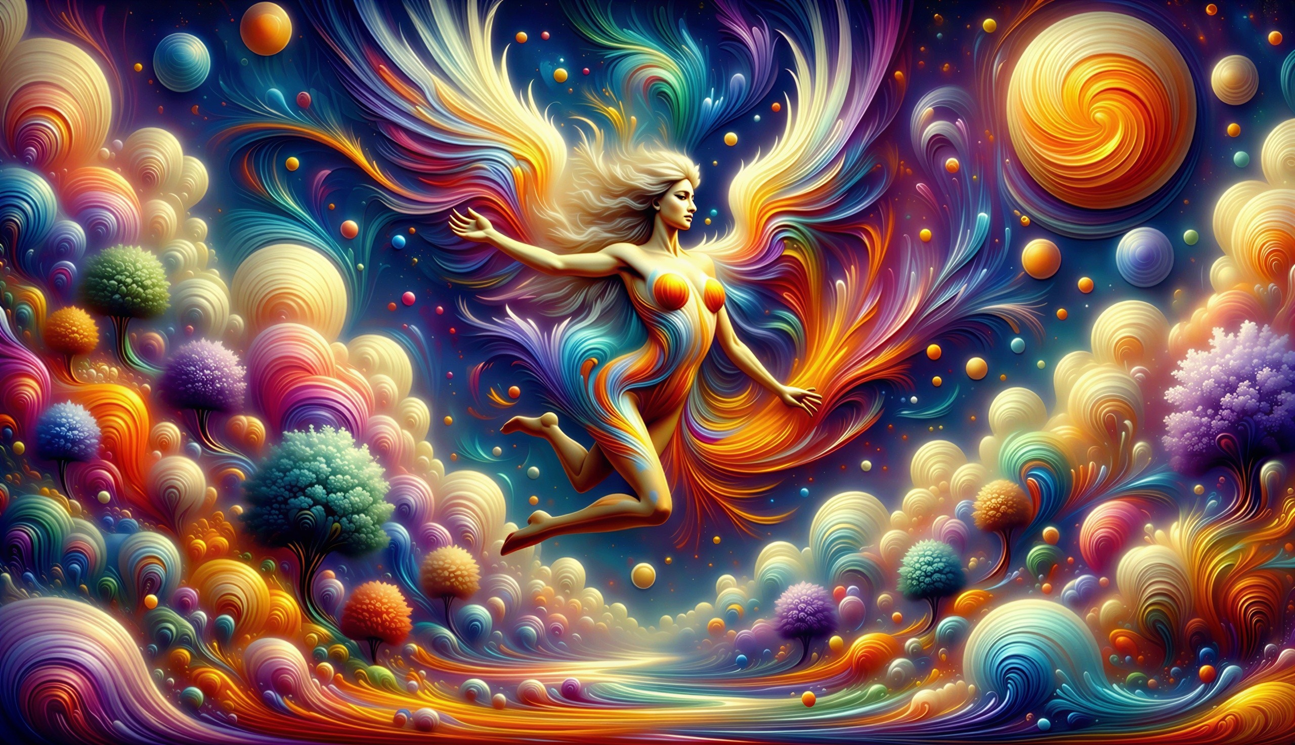 Blonde Woman with Orange Body in Escher-Style Scene