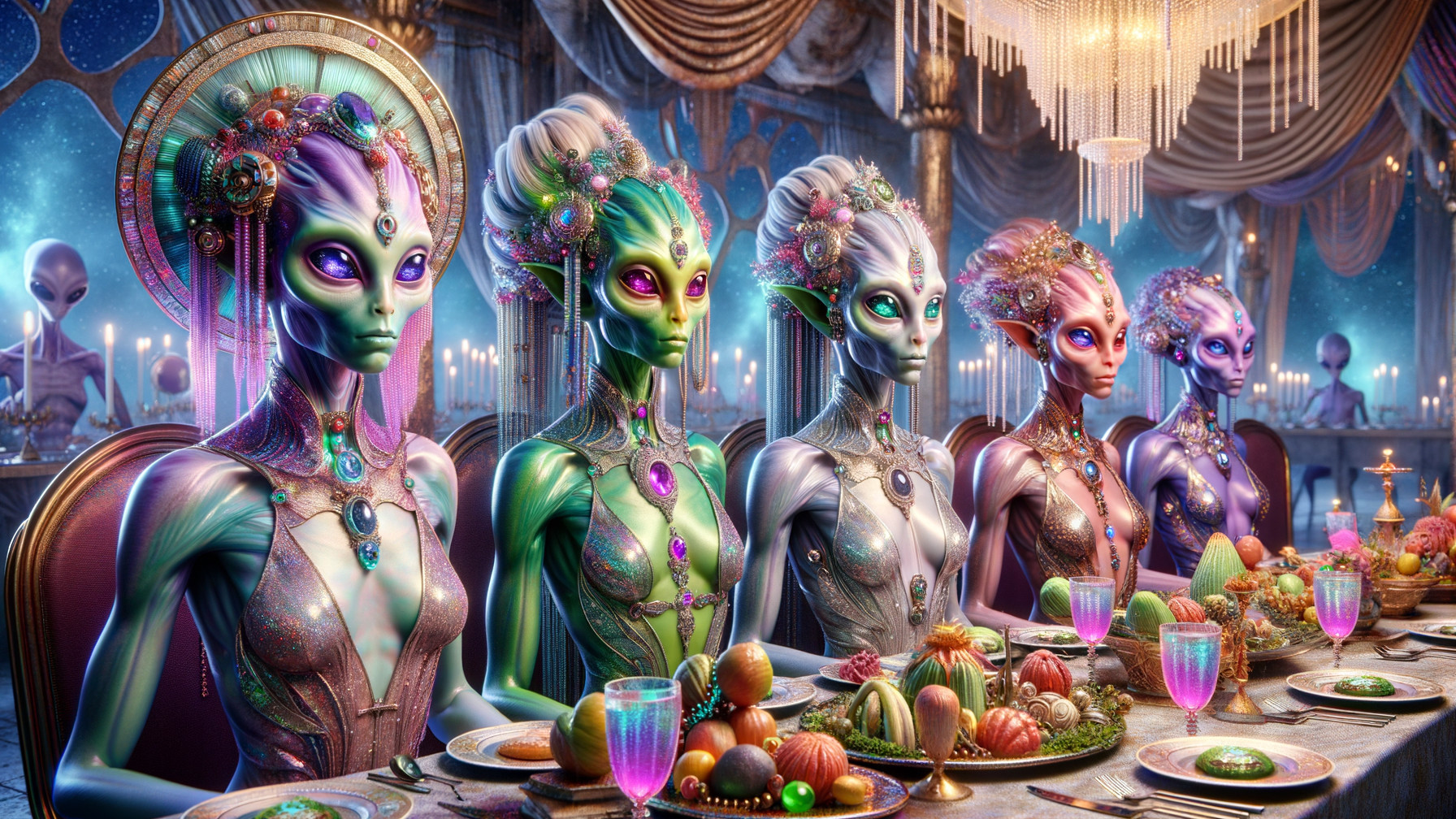 Elegant Alien Beings at a Lavish Banquet Table