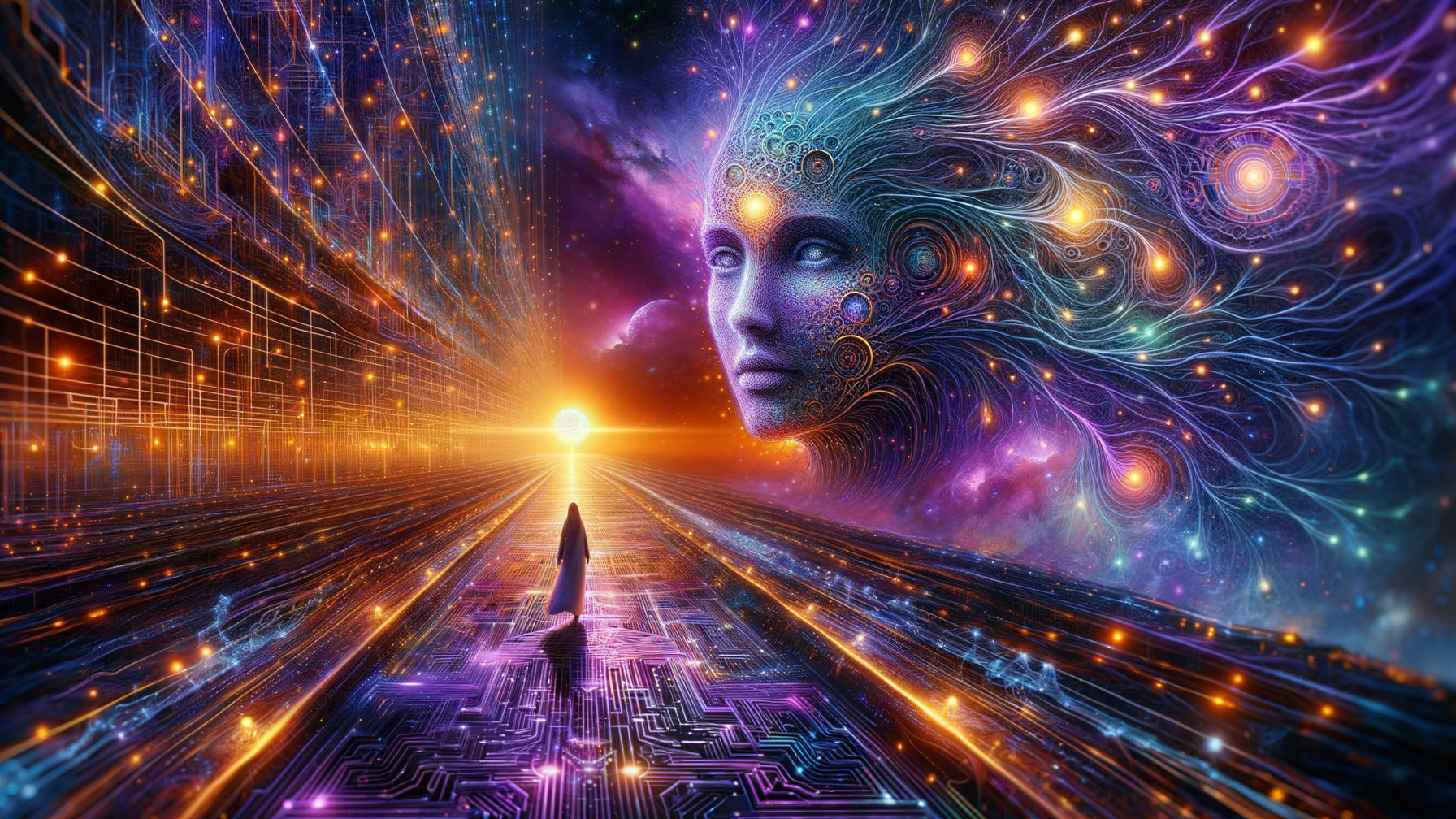 Surreal Landscape with Cosmic Backdrop and Figure