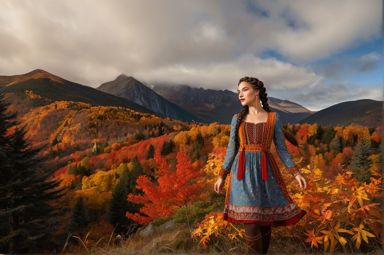 Young Woman in Traditional Dress in Autumn Landscape