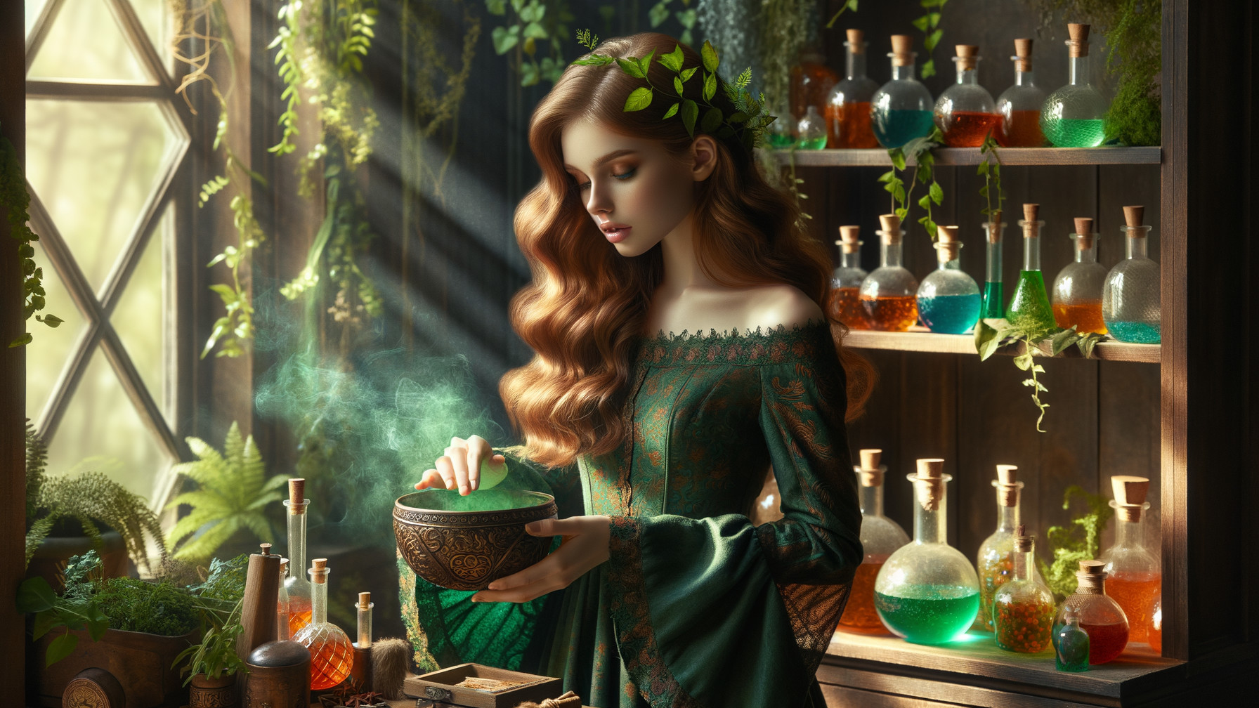 Mystical Apothecary Scene with Potion and Herbs
