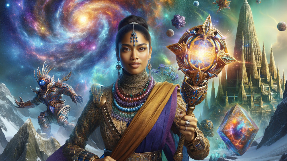 Majestic figure in cosmic landscape with glowing staff