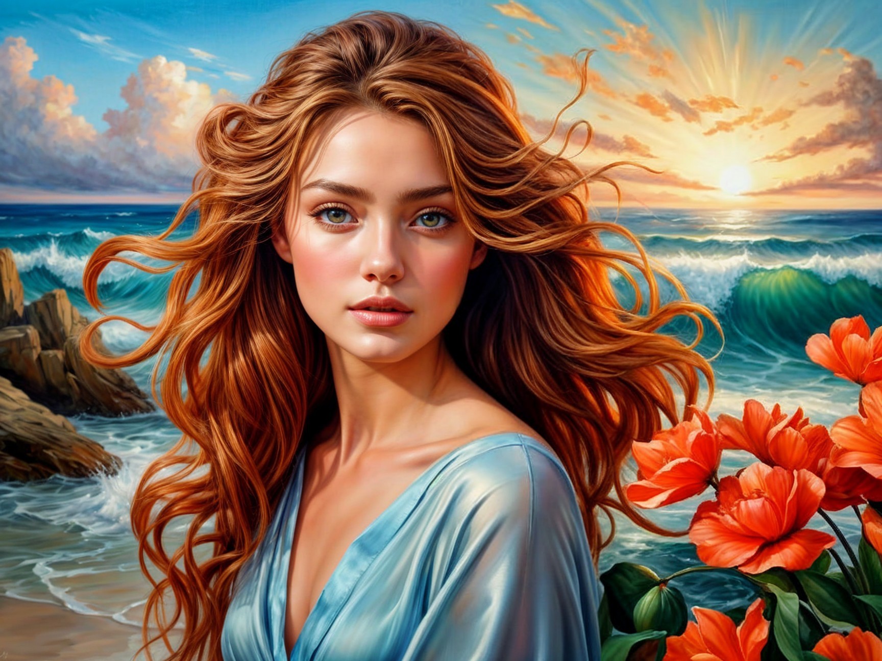 Serene beach sunset with a young woman in blue dress