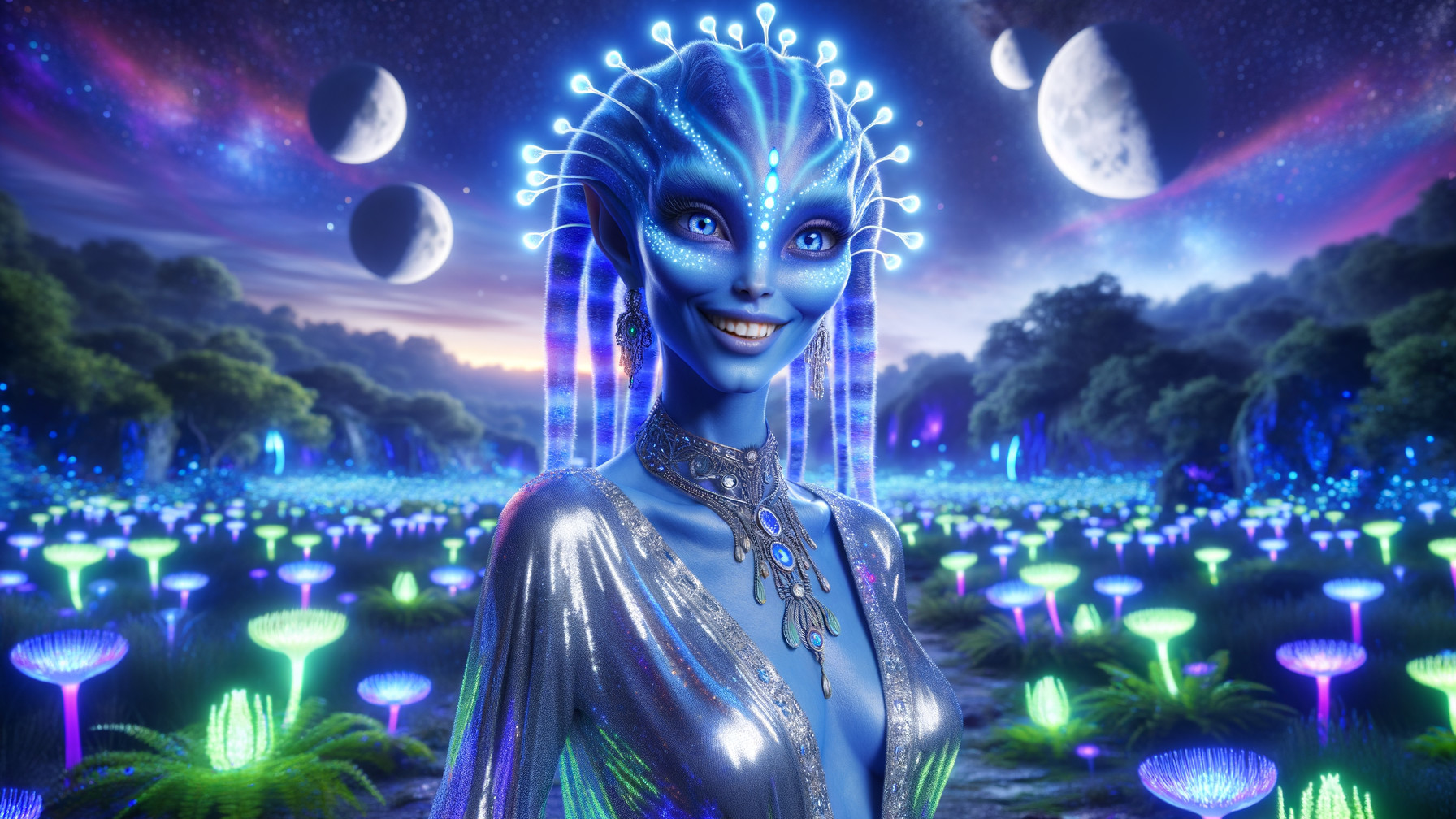 Alien Figure in Bioluminescent Landscape with Moons