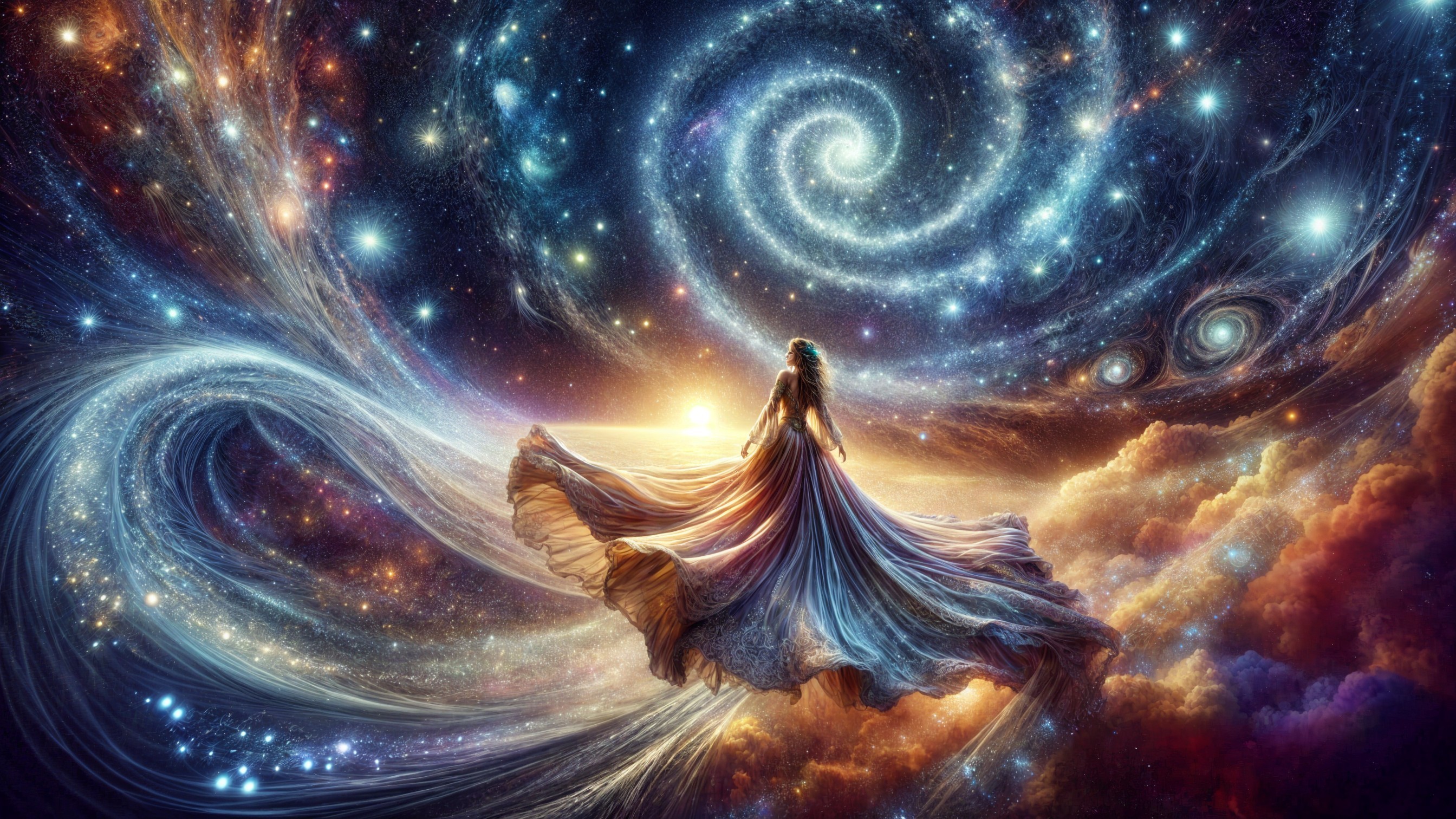 Celestial Scene with Flowing Gown Amidst Galaxies