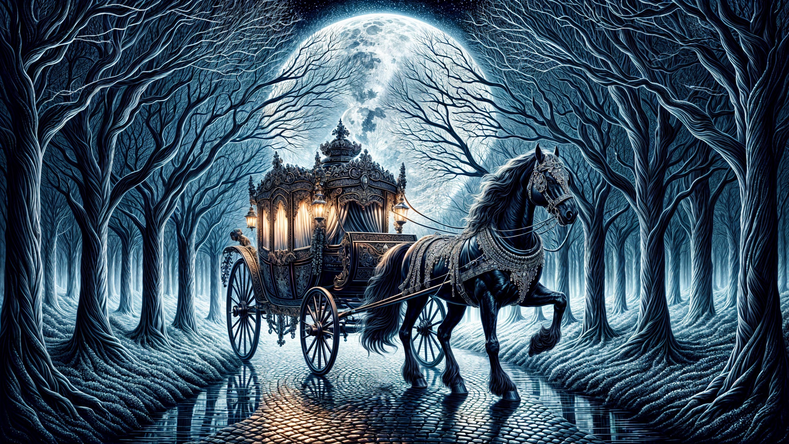 Mystical Forest with Black Horse and Glowing Carriage