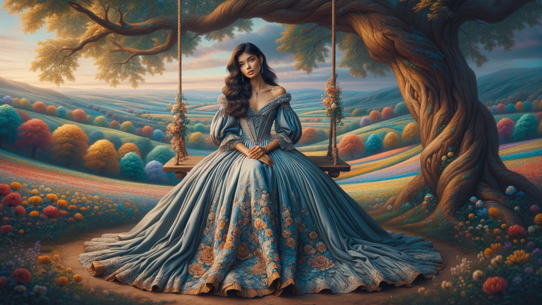 Young Woman in Blue Gown on Swing in Scenic Landscape
