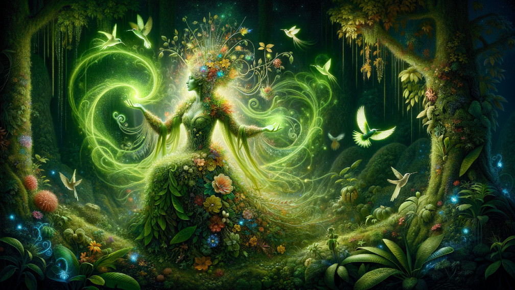 Mystical Figure in a Lush Enchanted Forest Setting