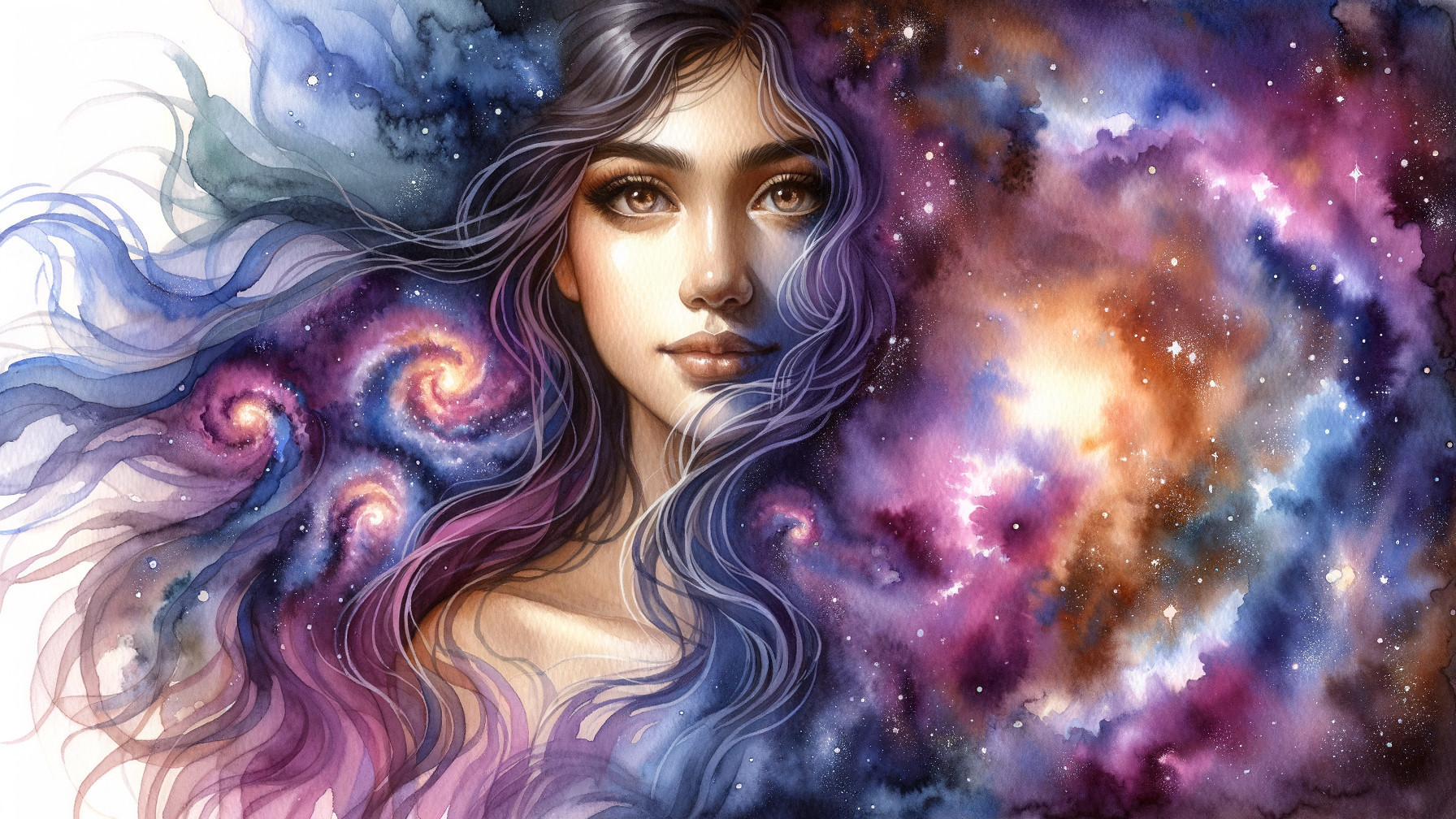 Cosmic Portrait of a Young Woman with Galaxy Background