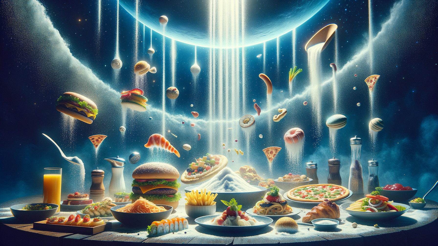 Surreal Cosmic Feast with Floating Culinary Delights