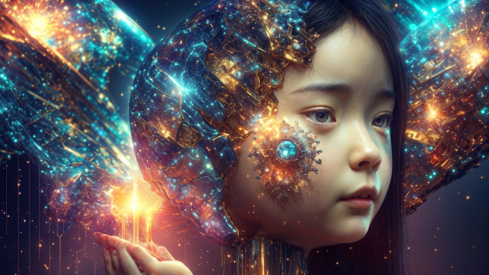 Young girl with intricate organic-mechanical headpiece