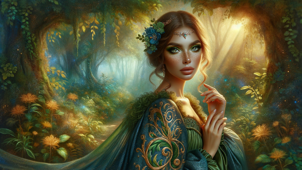 Young woman in embroidered gown in mystical forest