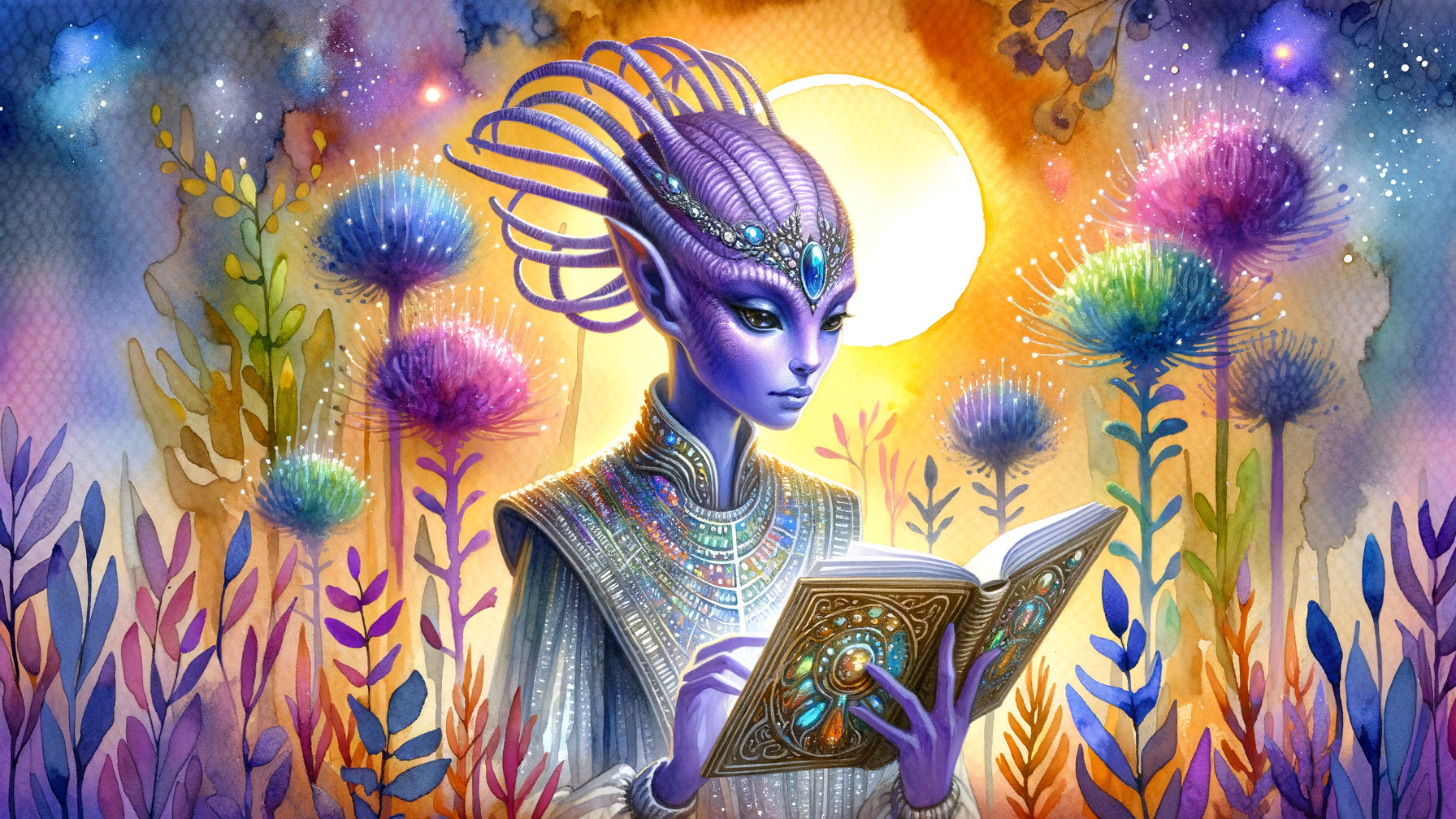 Ethereal Alien Figure Reading in Vibrant Landscape