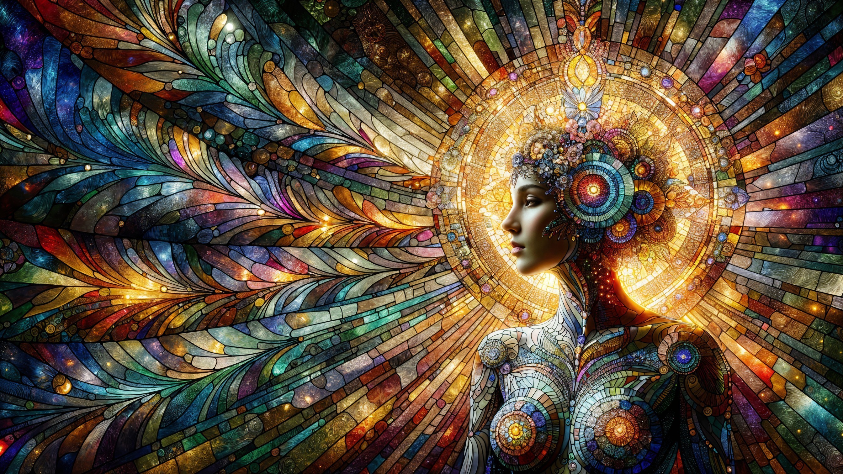 Vibrant Female Figure with Stained Glass Patterns